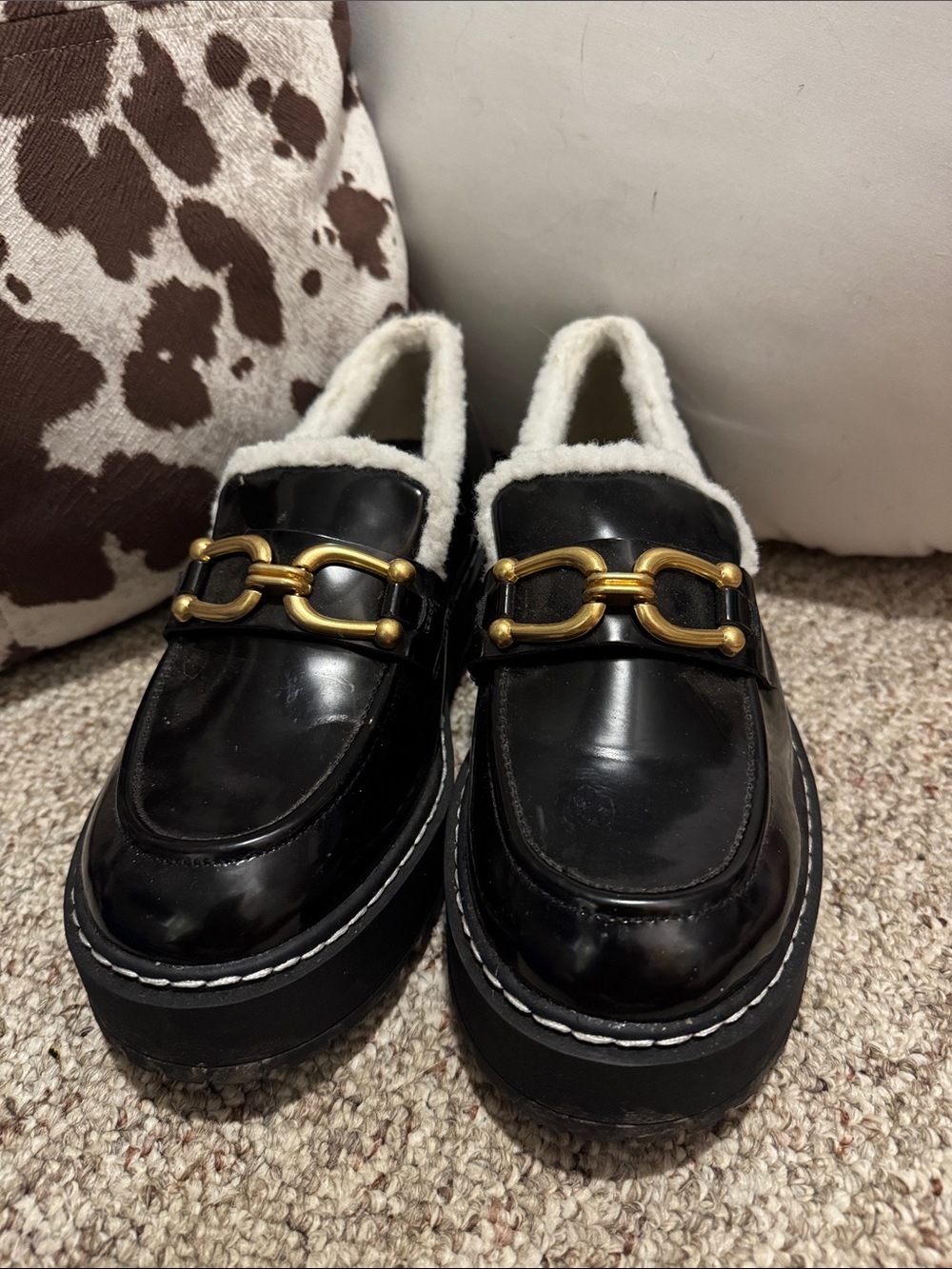 Black Faux-Shearling Loafers with Gold Horsebit Accent
